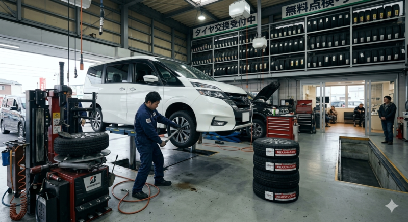 カー用品店でのタイヤ交換作業の様子