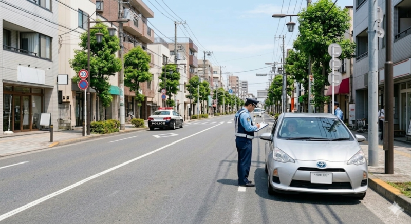 交通取り締まりの警察官と車のイメージ画像