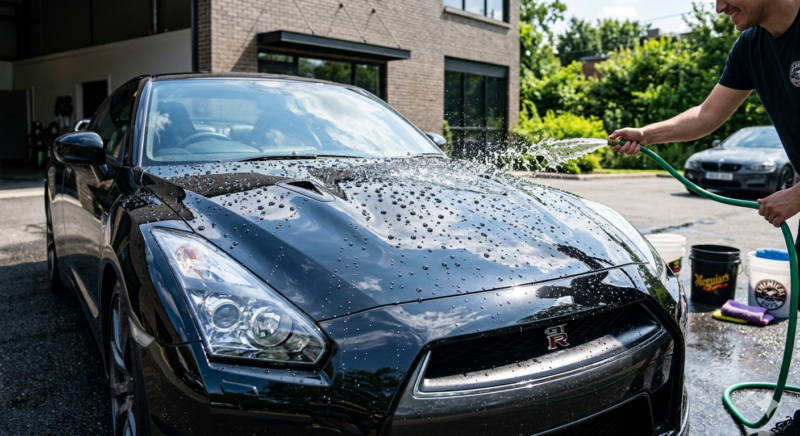 コーティングされた車に水をかけると水玉になって流れ落ちる様子