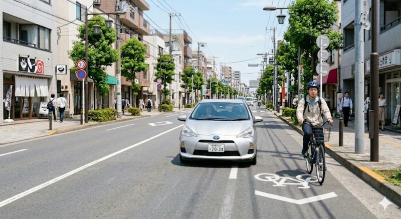 自転車と車が安全に並走しているイメージ画像