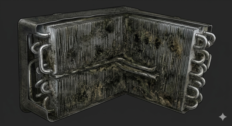 エアコン内部のエバポレーターのイメージ、 カビ・汚れのある冷却装置、断面図風、清潔感なし