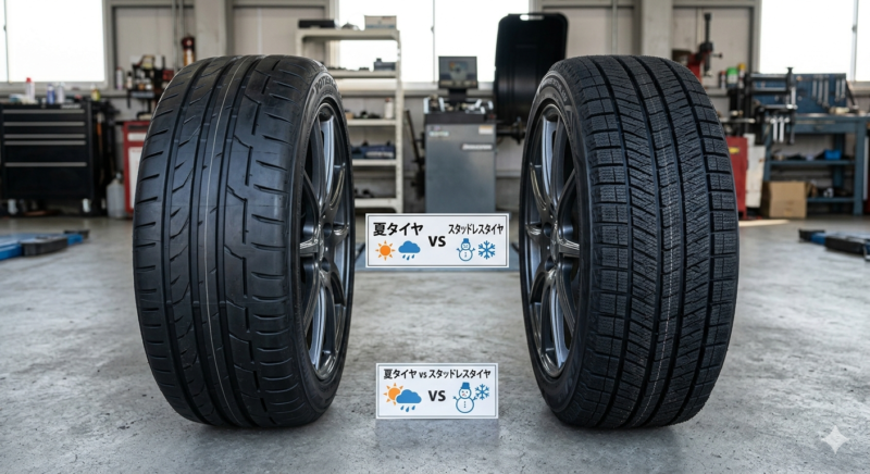 夏タイヤとスタッドレスタイヤの見た目の違い