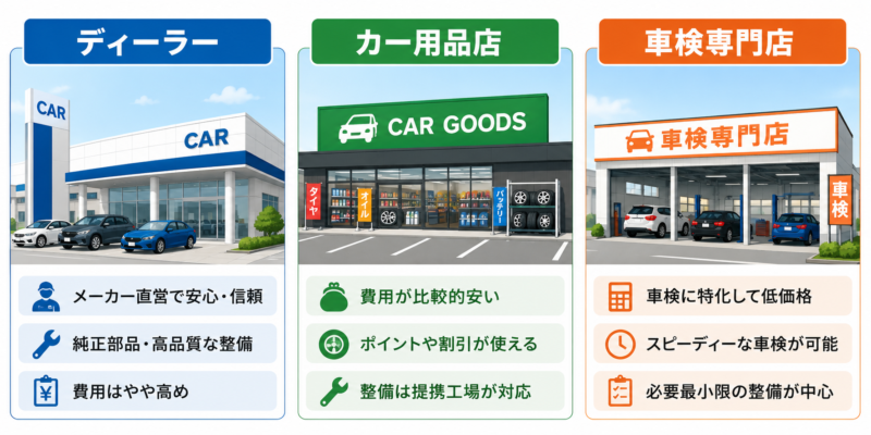 車検業者の種類 ディーラーとカー用品店と車検専門店の比較イラスト