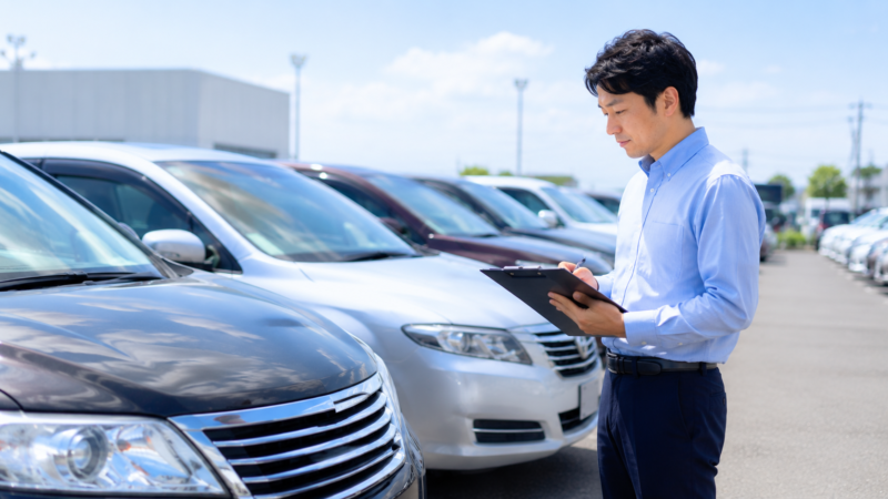 中古車購入前に確認したい5つのチェックポイントを点検する販売店スタッフ