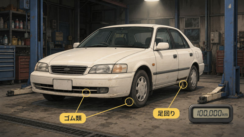 走行距離10万kmの車で傷みやすいゴム類と足回りを示した図