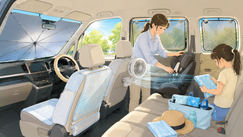 車内でサンシェードや扇風機、冷感シートカバーを使って暑さ対策をするイメージ