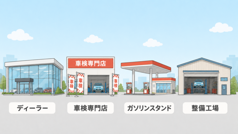 車検を受けられる4つの店舗を横並びで比較した図