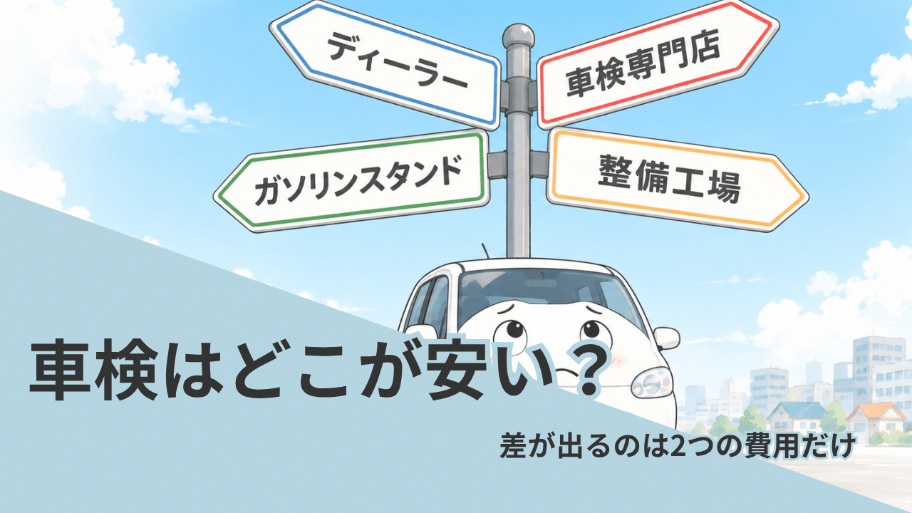車検の出し先を迷う場面と4つの店舗の違いを示したイラスト
