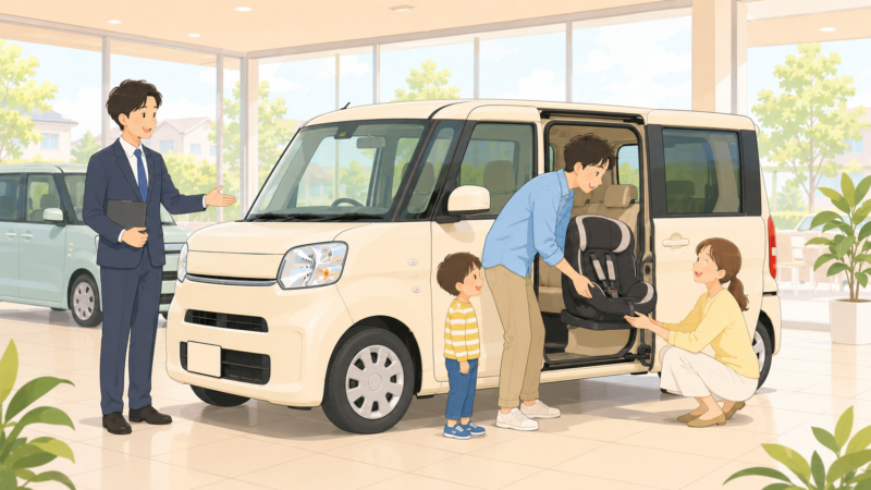 家族で試乗している楽しそうな絵