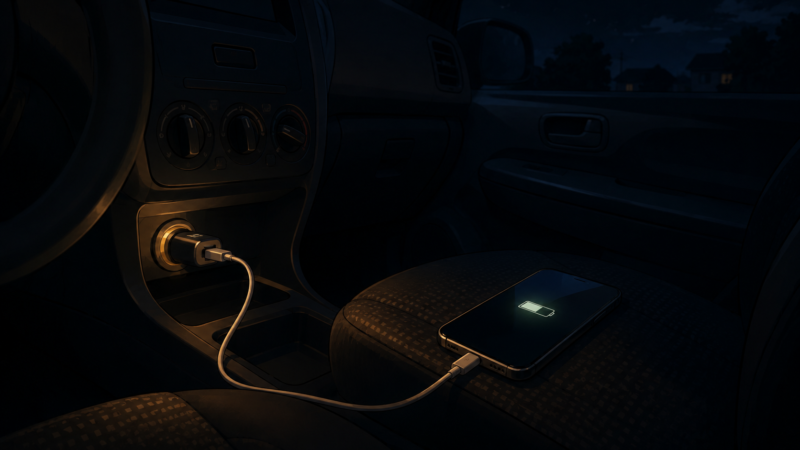 停電時に車のシガーソケットでスマホを充電している様子