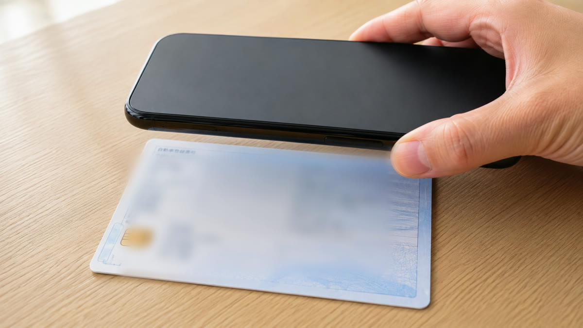 スマートフォンを電子車検証にかざしてICタグを読み取っている様子