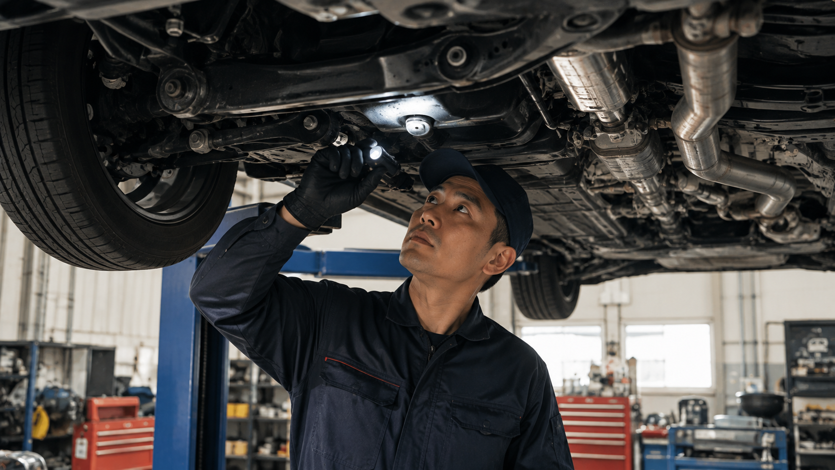 13年を超えた車の下回りのゴム部品を点検している様子
