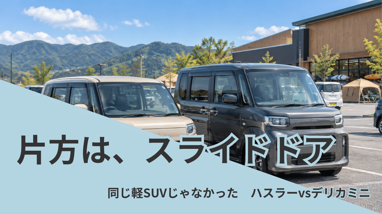 晴れた休日の、郊外の広い駐車場。 アウトドア用品店の駐車場