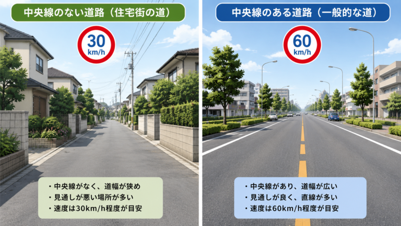 中央線がない生活道路と中央線がある道路の見分け方を比較したイラスト