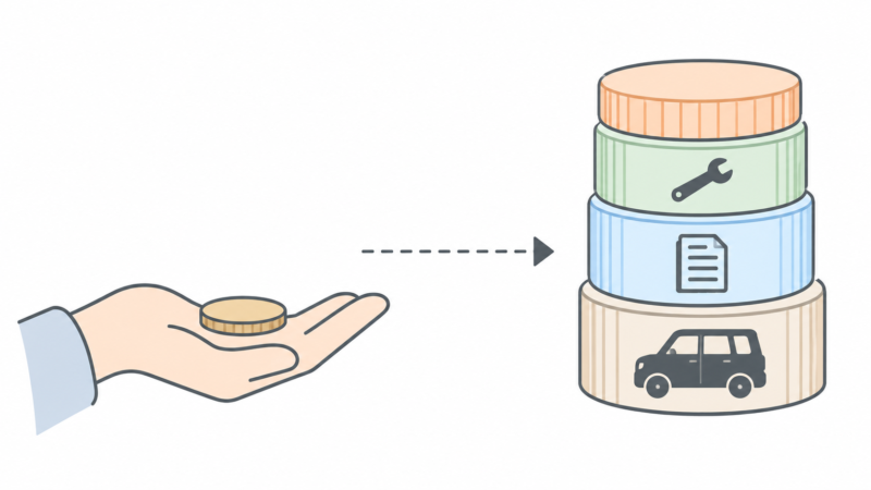 カーリースの月額の中に車両代・税金・整備費用・手数料が含まれていることを示すイラスト