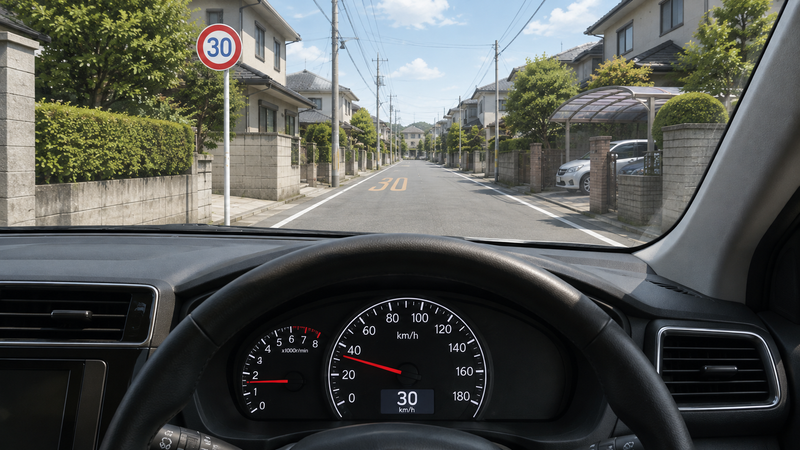 生活道路で速度計が30キロを指している運転席からの視界