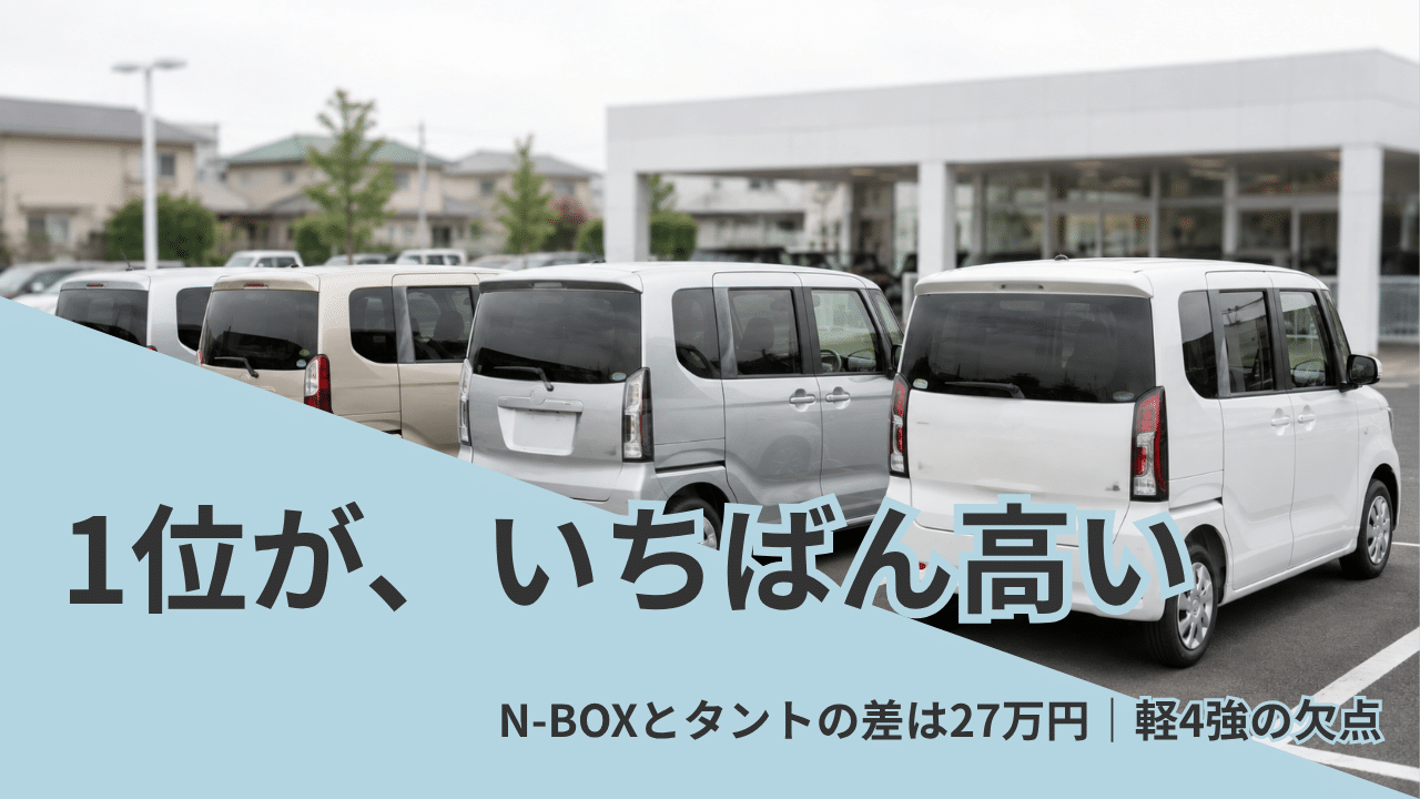 販売店の展示場に並ぶ軽スーパーハイトワゴンを後方から見た様子