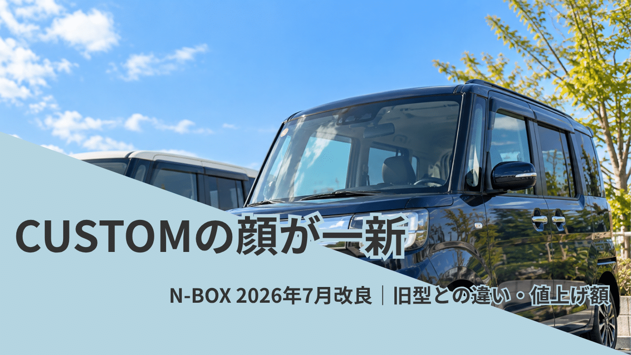 晴れた休日の午前、明るい屋外の駐車場。新車の、背の高い四角い箱型の軽ワゴンが2台、少し斜めに並んで停まっている。