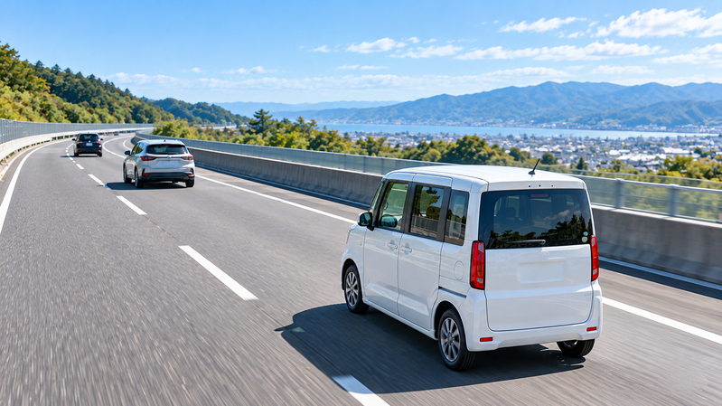 ACC(前の車についていく機能)を使って高速道路を走る白い軽スーパーハイトワゴンのイメージ