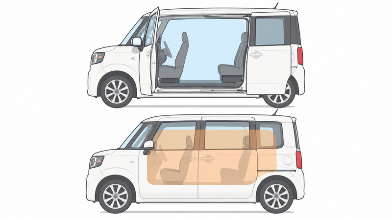 乗り降りの広さと後ろの席の広さの違いを横からのシルエットで比較したイラスト