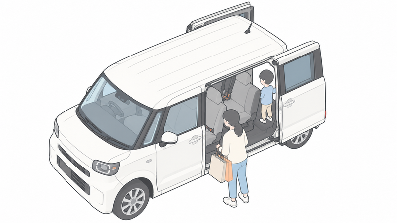 両側の電動スライドドアが開いた背の高い軽ワゴンのイメージ